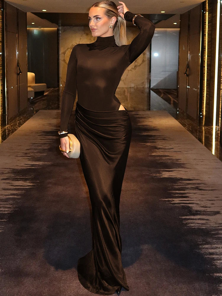 Brown draped cutout turtleneck maxi dress