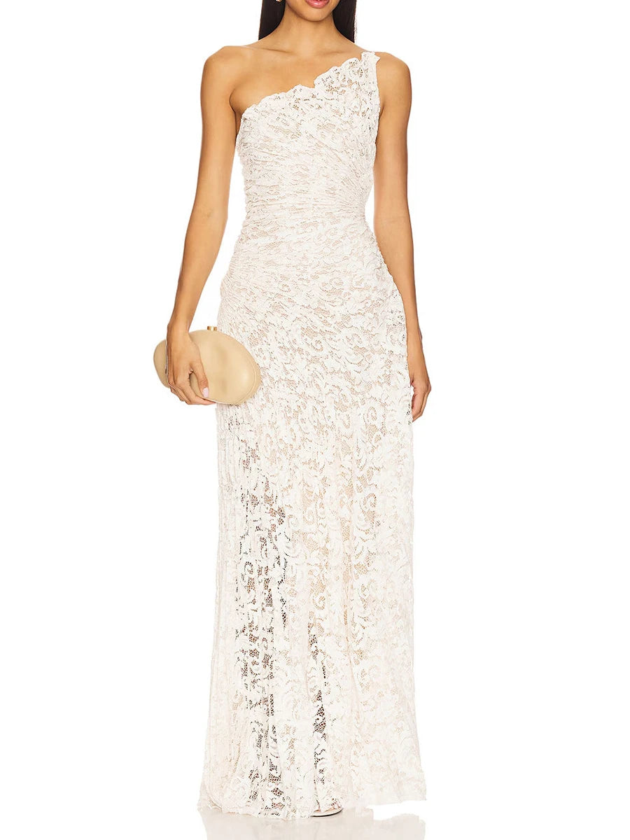 One-shoulder ruffled lace maxi dress with clutch