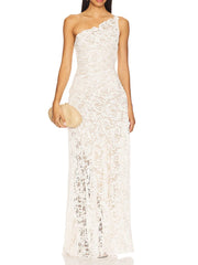 One-shoulder ruffled lace maxi dress with clutch