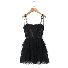 Spliced Mesh Lace Bra Corset Skater Bow Lacing up Mini Dress