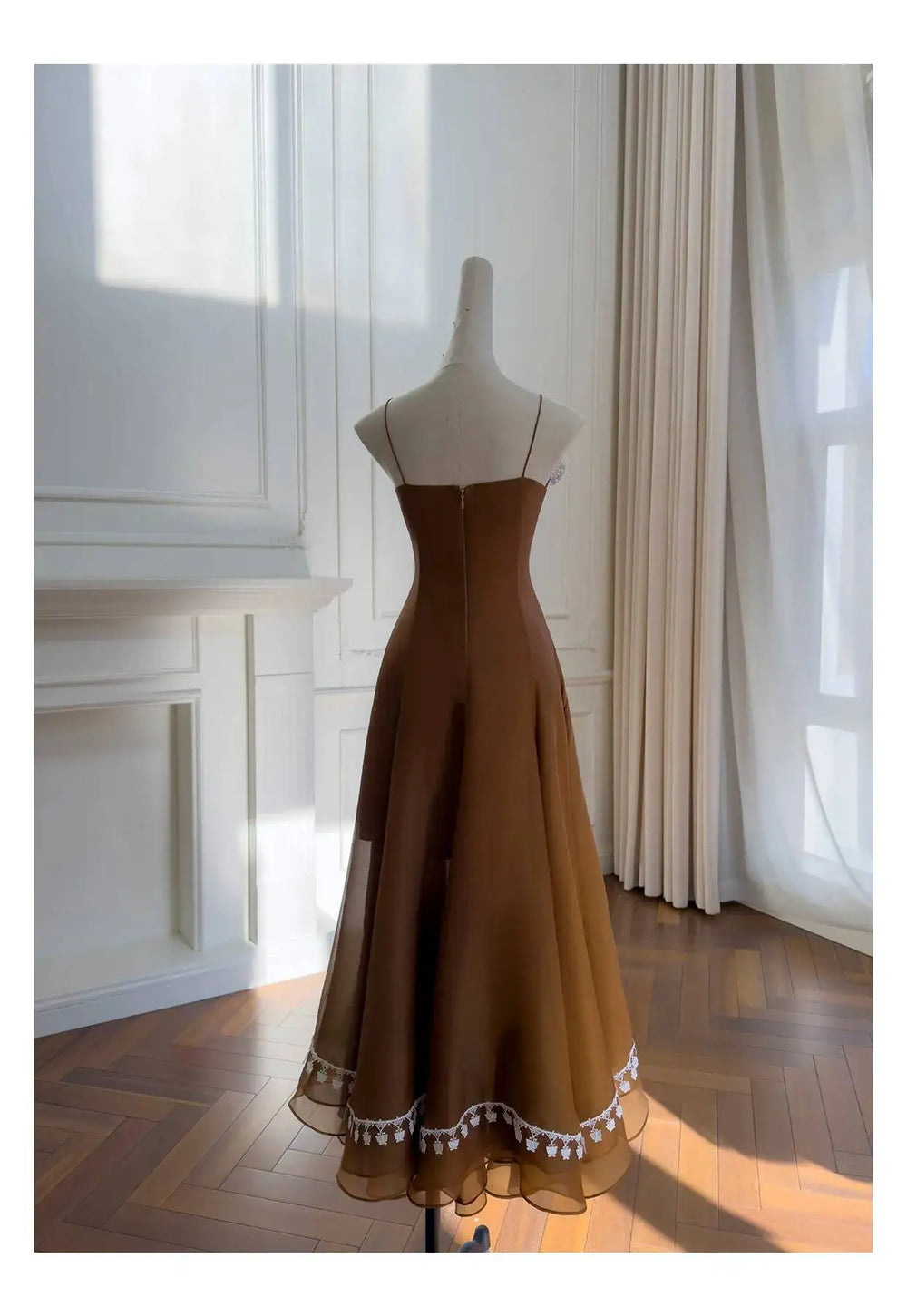 Brown Lace Trimmed A-line Midi Dress – Golden Atelier