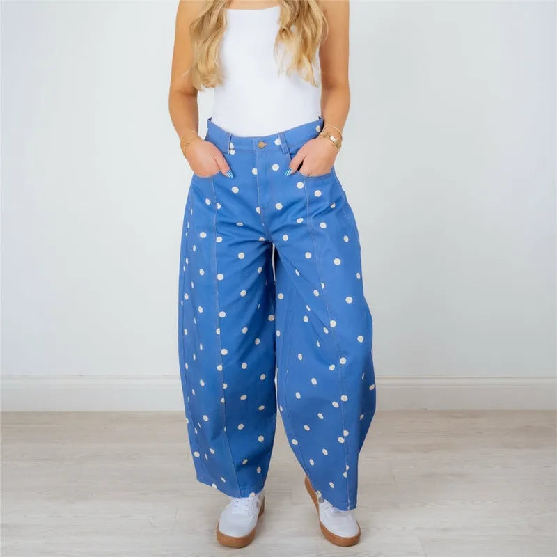 Polka dot wide leg pants in blue with white dots
