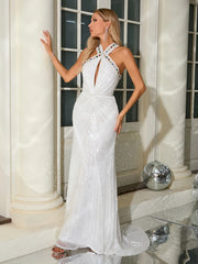 Mesh Sequin Floor Length White Mermaid Dress