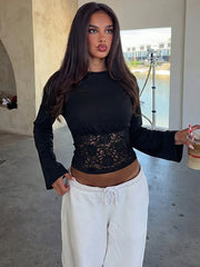 Lace Waist Trim Flare Sleeve Top