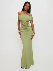 Off-shoulder Strapless Green Lace Sheer Long Dress
