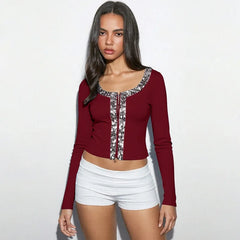Sequin Patchwork O-neck Long Sleeve Top
