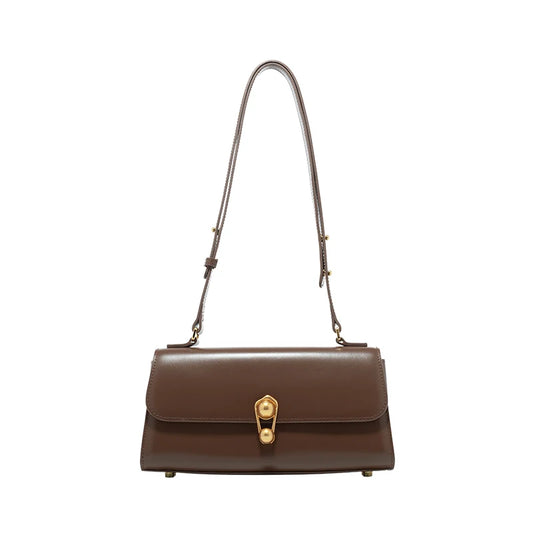 Front view of a brown leather shoulder bag