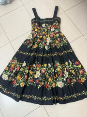 Black Floral Square Neck A-Line Midi Dress