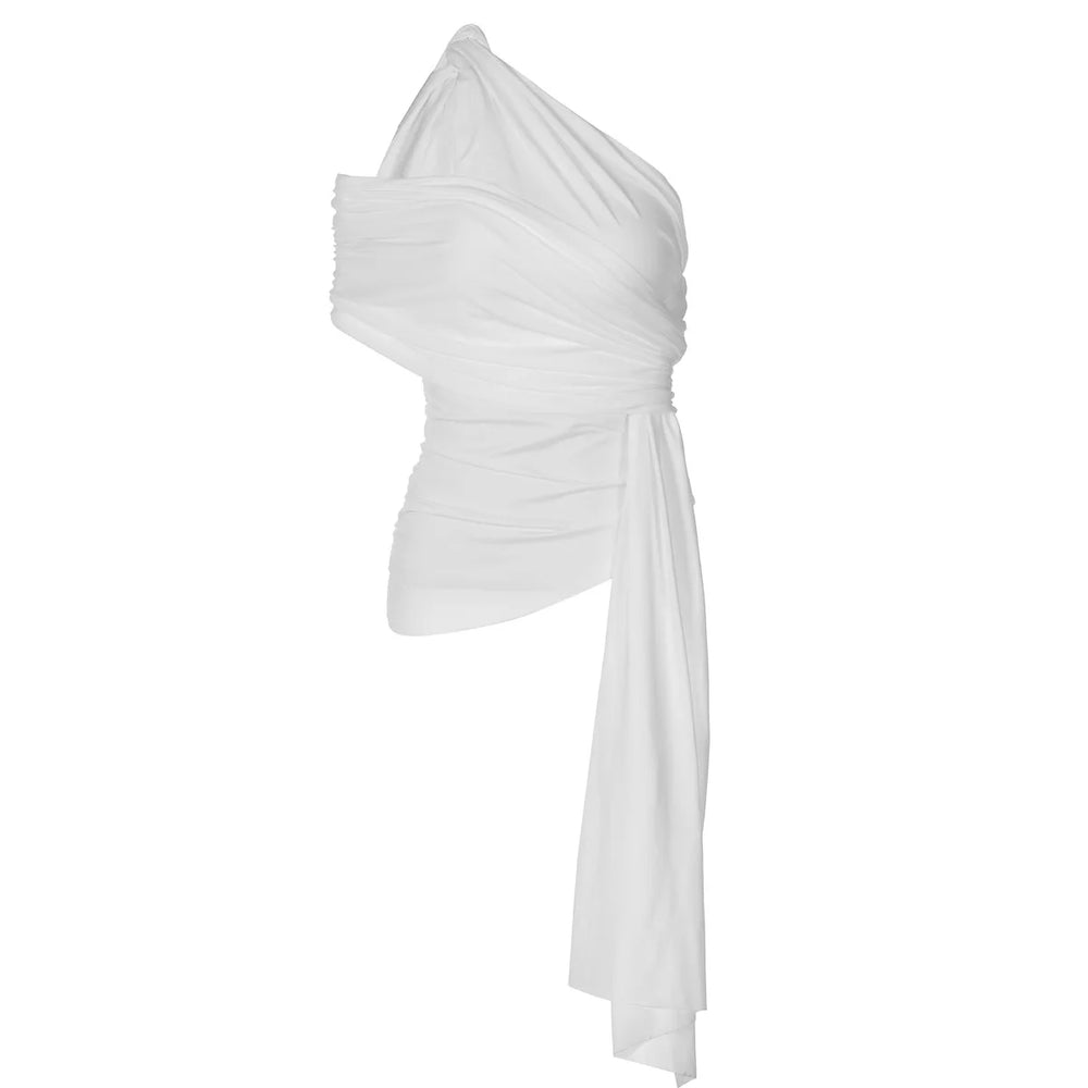 White draped one-shoulder crop top with knot detail laid flat