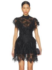 Black lace mini dress with high neckline and ruffle sleeves
