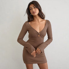 Brown ribbed v-neck mini dress with long bell sleeves