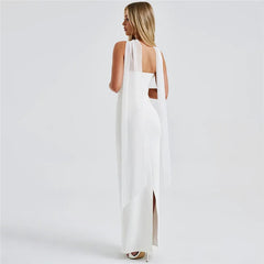 White Mesh Sleeve Off-shoulder Long Dress