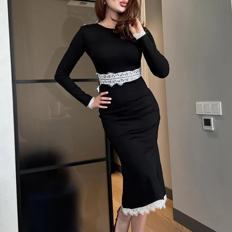 Black lace trim maxi dress