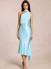 Light blue one shoulder drape midi dress
