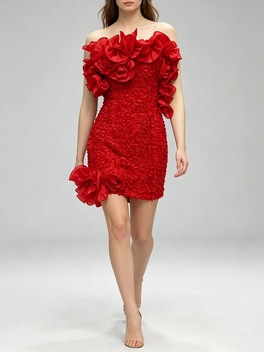 Model walking in a strapless ruffled floral mini dress