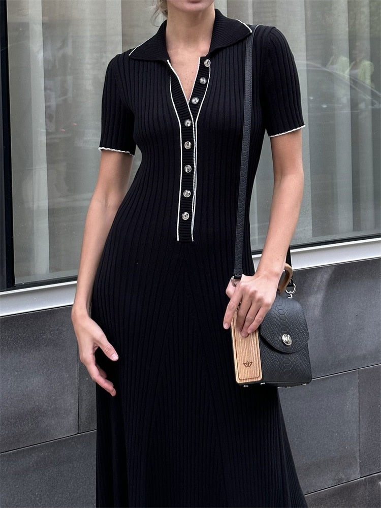 Short Sleeve Patchwork Elegant Knitwear Women's Maxi Dress