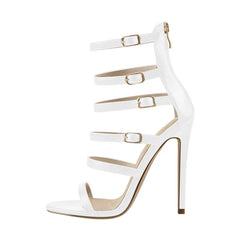 White thin high heel ankle strap sandals