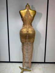 Chain Embellished Halter Mesh Gown