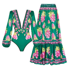 Balloon Sleeve Square Neck Cutout Bodysuit and Print Maxi Skirt Set