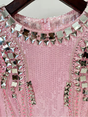 Pink O-Neck Sequin Embellished Long Sleeve Maxi Dress