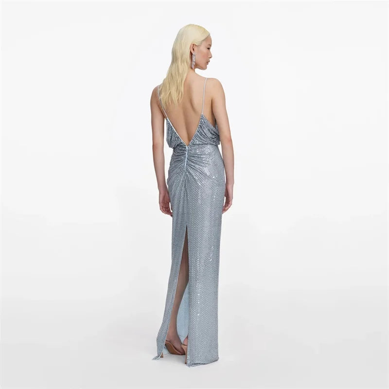 Back view of crystal embellished V-neck maxi dress