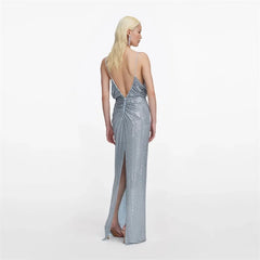 Back view of crystal embellished V-neck maxi dress