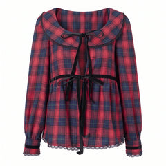 Plaid Peter Pan Collar Velvet Bow Peplum Top