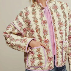 Pink Flower Print Stand neck Quilted Jacket Retro Outerwear