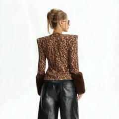 Leopard Print Fur Trim Long Sleeve Top