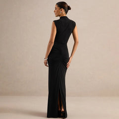 Mock Neck Sleeveless Ruched Detailing Maxi Dress