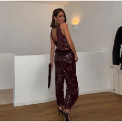 Sequin Embellished Fur Trimmed Sleeveless Top Wide Leg Pant Set