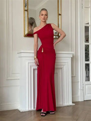 Red One-Shoulder High Split Metal Decor Maxi Dress