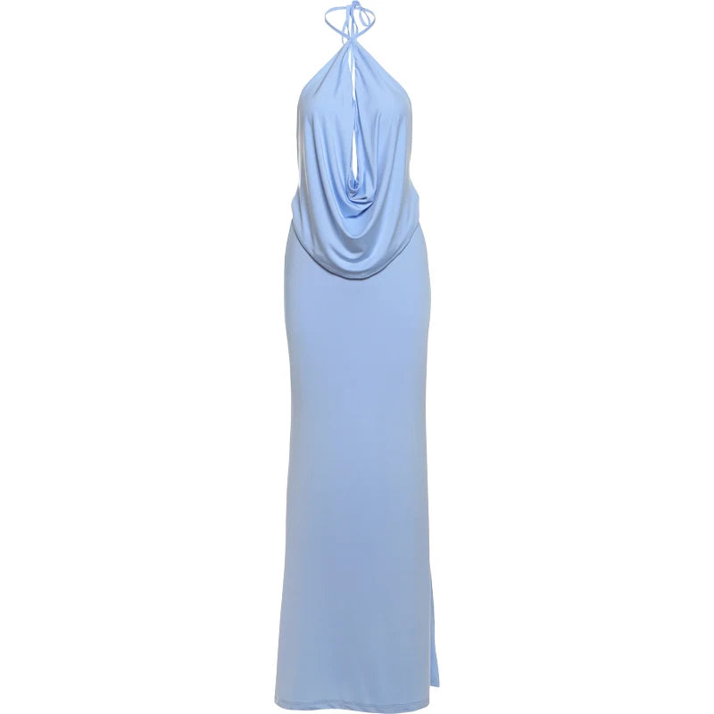 Light blue halter neck dress on a white background