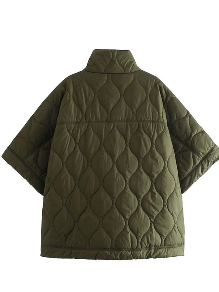 Winter Parka Coat Half Sleeves High Neck Pocket Thick Jacket