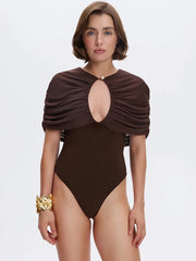 Ruched Cape Sleeve Keyhole Cut Out Bodysuit
