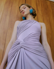 Purple Sleeveless Folds Draped Halter Neck Maxi Dress