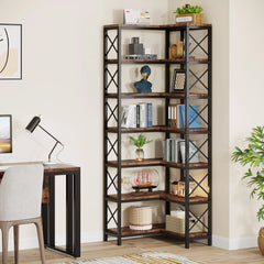 Minimalist 7-tier corner display shelf styled with glassware and bar essentials


