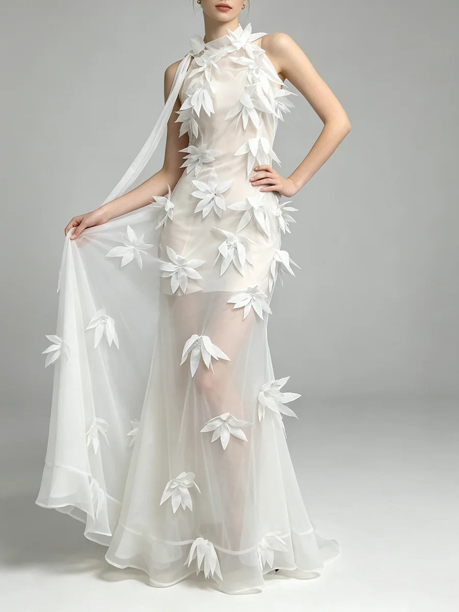 Halter neck sheer floral applique maxi gown detail