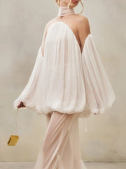 White gathered off-shoulder balloon sleeve top with hand detail