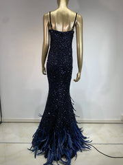 Mesh Sequins Blue Feather Long Dress