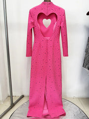 Back of pink maxi dress with full heart cutout and high neckline
