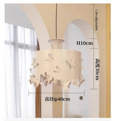 Beige pendant light with decorative elements and measurements on a neutral background