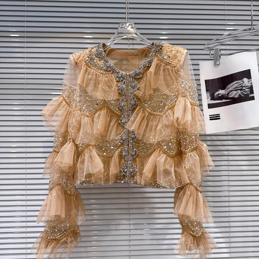 Ruffled Beaded Mesh top with detailed neckline