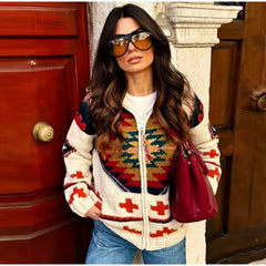 Patchwork zip-up coat with geometric print