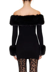 fur cuff black evening dress styled with tights
