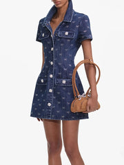 Denim-style mini dress with bowknot detail and short sleeves