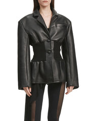 Black leather jacket worn by a model 