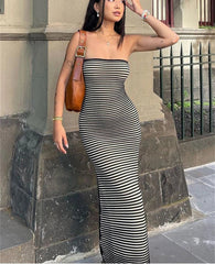 Knitted Striped Strapless Maxi Dress