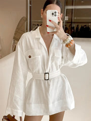 White Belted Utility Shirt Dress