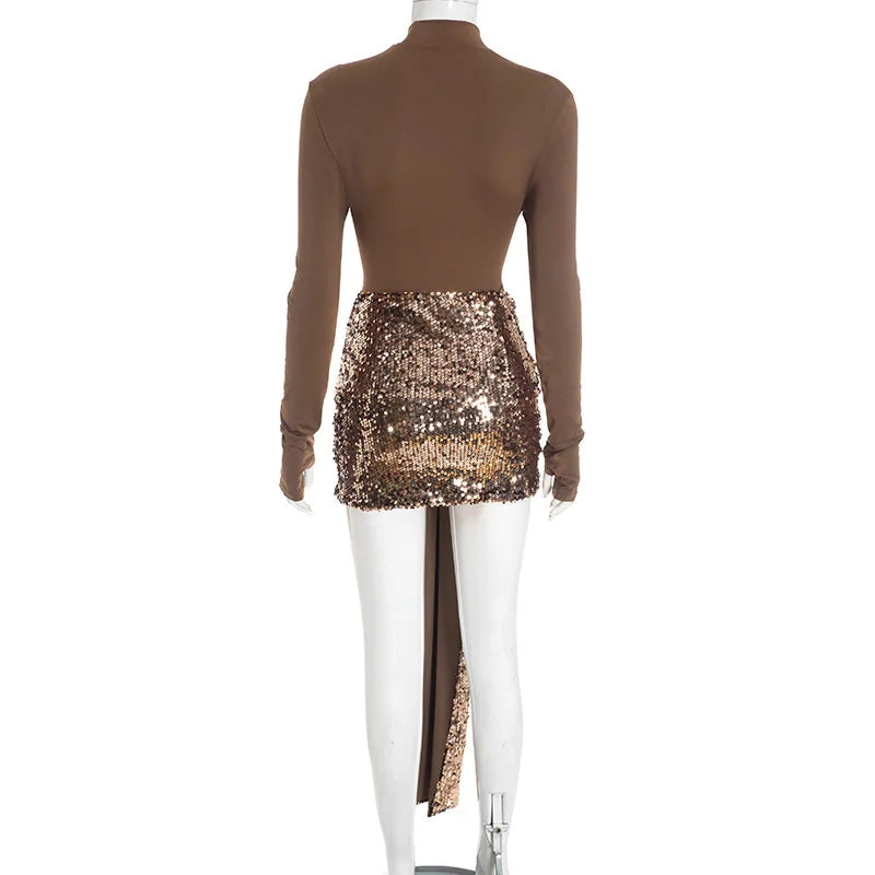 Mannequin wearing a brown long-sleeve top and gold sequin skirt on a white background